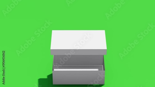 3D animation of white cardboard box unpacking on green background, perfect for e-commerce promotions, logistics and shipping concepts, product unboxing, and commercial video projects, 4k video