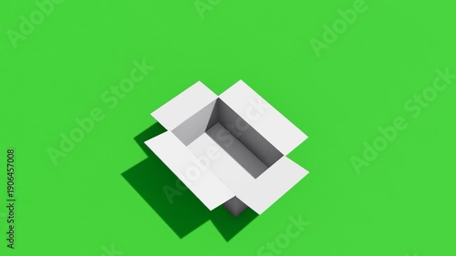 3D animation of white cardboard box unpacking on green background, perfect for e-commerce promotions, logistics and shipping concepts, product unboxing, and commercial video projects, 4k video