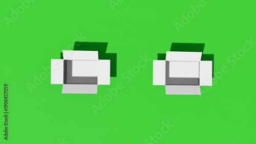 3D animation of two white cardboard boxes unpacking on green background, perfect for e-commerce promotions, logistics and shipping concepts, product unboxing, and commercial video projects, 4k video