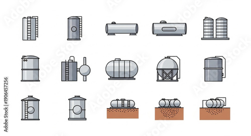 Collection of Industrial Storage Tanks Icons Vector Illustration.