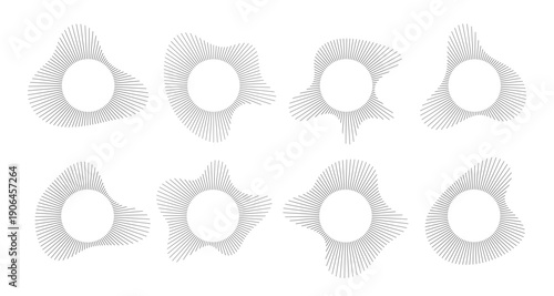 Circular sound visualization with radial wave line pattern vector set. Abstract audio spectrum ring geometric burst shape. Music equalizer graphics with concentric line elements for modern design.