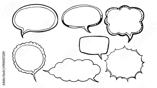 Variety of hand-drawn speech bubbles and thought clouds for conversation and ideas