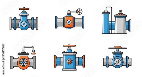 Collection of industrial valves and pipes illustration.