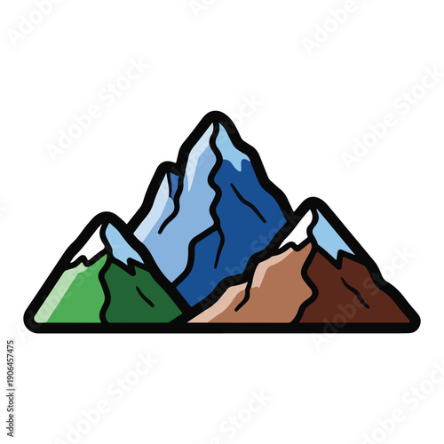 A cartoon-style illustration of three colorful mountains