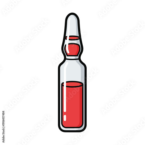 A cartoon-style illustration of a glass ampule with red liquid