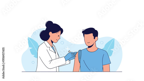 Medical professional doctor in a white coat giving a vaccine injection to a young man sitting on a blue background.