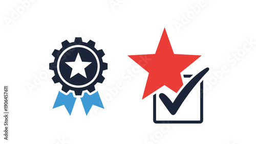 Quality assurance icons featuring a gear with a star ribbon and a checked star symbol for performance and official certification.