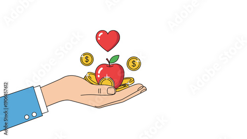 Human hand holding a red apple with gold coins and a floating heart representing charity, healthy food donation, and social care.