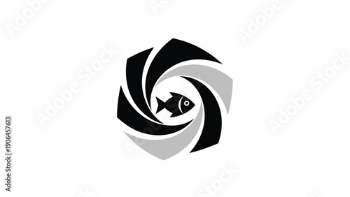 Creative logo design featuring a fish silhouette inside a circular camera lens shutter iris aperture in simple black and white.
