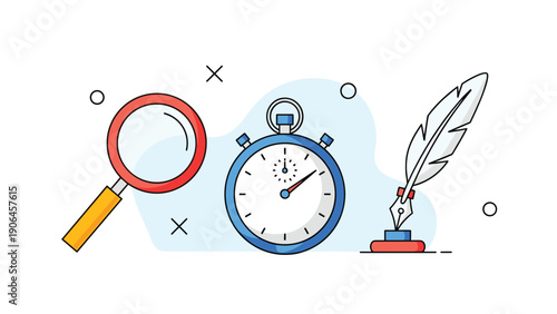 Research and writing tools including a magnifying glass, a stopwatch, and a quill pen for time-sensitive and historical tasks.