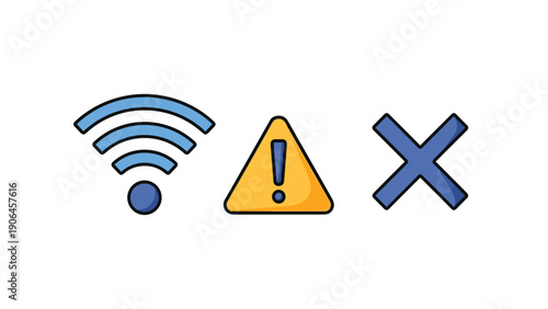 Wifi symbol next to a warning triangle and a cross mark indicating a lost internet connection or network failure problem message.