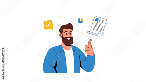 Happy bearded man giving a thumbs up gesture next to business document and pie chart icons for positive work results and goals.
