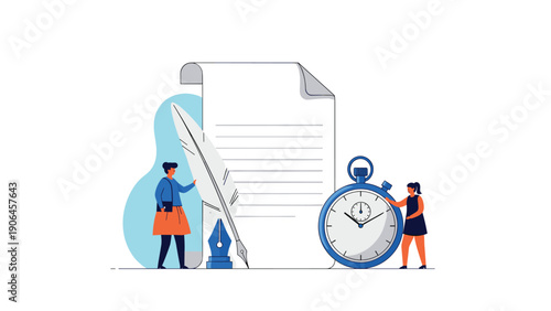Professional women managing a large document and a stopwatch representing deadlines, paperwork, and efficient time management.