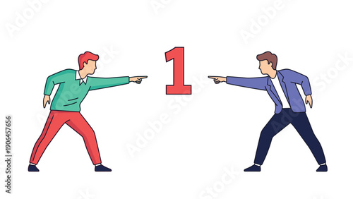 Two men in a conflict or argument pointing fingers at each other with a giant red number one floating between them for competition.