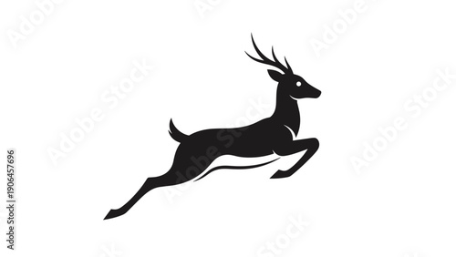 Dynamic black silhouette of a deer jumping in the air representing speed, nature, and graceful wildlife animal movement.