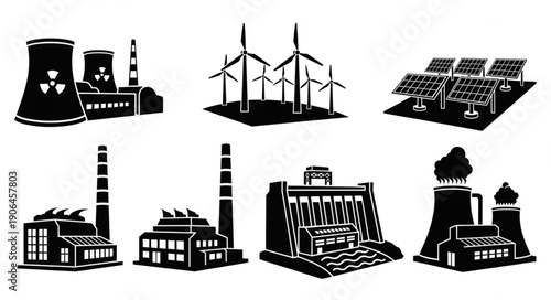 Collection of Industrial Power Generation Facility Silhouettes.