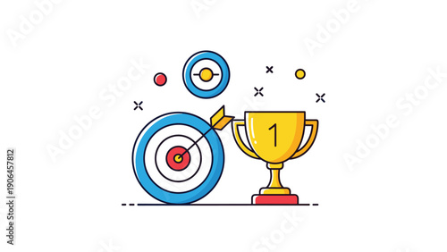 Achievement and goal icons such as a target with a bullseye arrow and first place trophy cup celebrate success and competition wins.