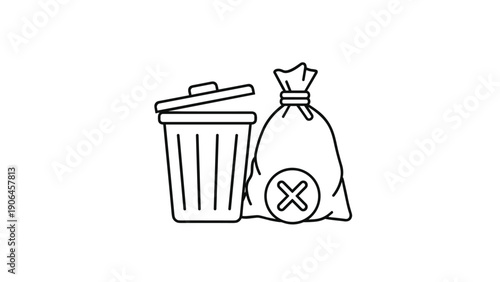 Simple line art drawing of a trash can and a garbage bag with a cross symbol represents waste disposal or prohibited items.