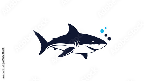 Stylized shark silhouette swimming through blue water with bubbles illustrates marine life, predator power, and oceanic nature.