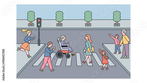 Crosswalk vector illustration of people crossing street with traffic light on transparent background