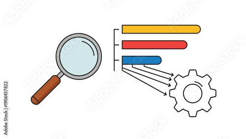 Data analysis process icons featuring a magnifying glass, horizontal bar charts, and a mechanical gear represent business optimization.
