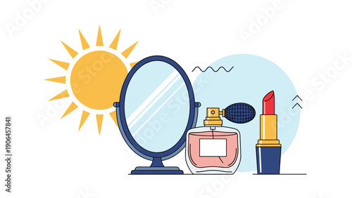 Beauty and skincare icons including a mirror, perfume bottle, lipstick, and sun symbol represent cosmetic routines and self care.