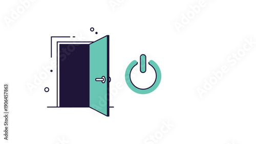 Open green door next to a power button symbol represents an exit strategy, startup launch, or beginning a new technological phase.