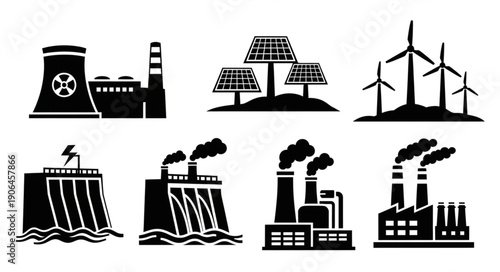 Collection of industrial power generation icons in black silhouette.
