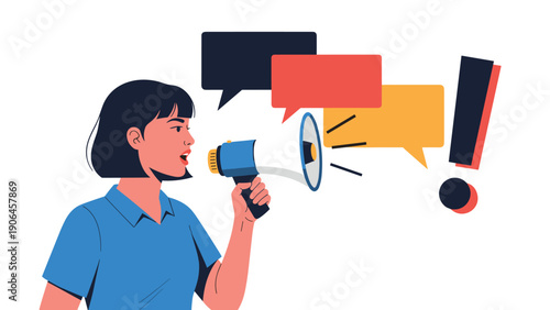 Woman shouting into a megaphone with colorful speech bubbles and an exclamation mark emphasizes urgent communication and public speaking.