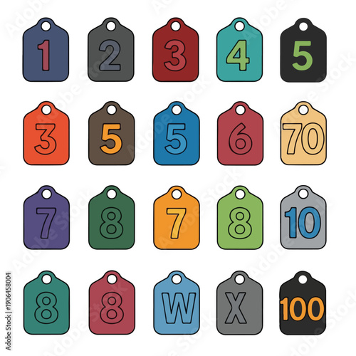 A collection of 20 colorful numbered tags