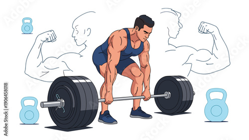 Muscular man performing a heavy barbell deadlift exercise with kettlebell icons and muscle outlines in the background for fitness motivation.