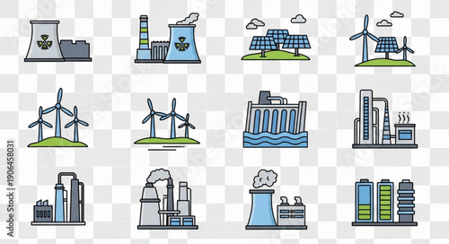 Collection of industrial power plant and renewable energy icons.