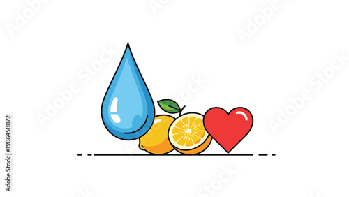 Healthy lifestyle icons including a blue water drop, fresh oranges, and a red heart symbolizing hydration, nutrition, and cardiovascular health.