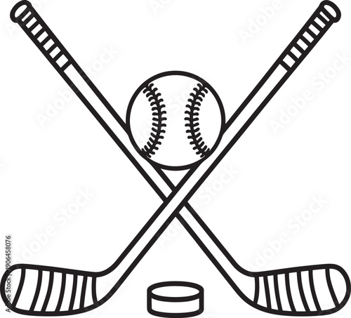 Hockey Sticks ball and Puck Icon Line Art