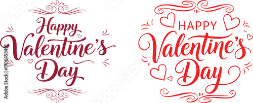 Valentine's day greeting cards with red hearts and swirls on white background