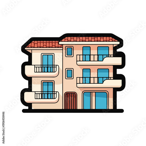 A cartoon-style illustration of a three-story building