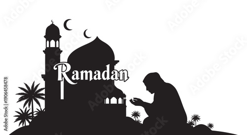 Muslim praying during Ramadan in front of a mosque silhouette with crescent moon