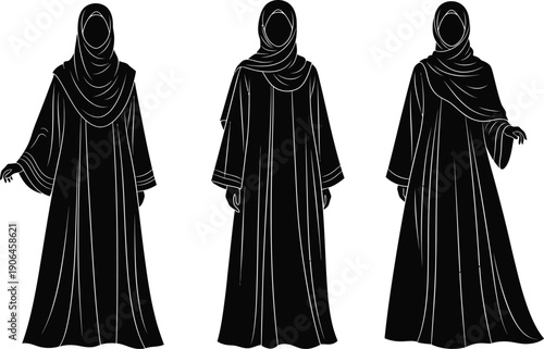 Three women wearing traditional middle eastern abayas with headscarves in black and white illustration