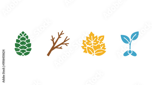 Leaf icon set with green hop, brown branch, yellow maple and blue sprout on transparent background
