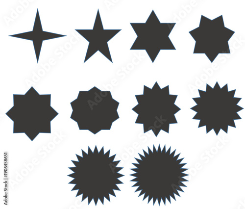 Collection of abstract starburst and geometric star shapes in flat vector style. Manually created icons with clean edges, solid shapes, and minimal design. Suitable for badges, labels, UI elements, 