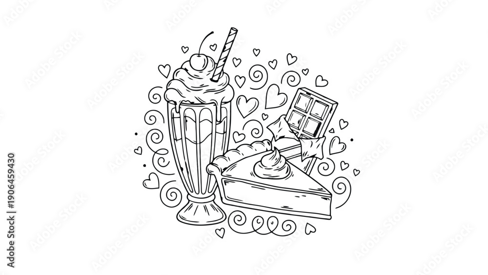 Fototapeta premium Cake vector illustration with milkshake and chocolate on transparent background