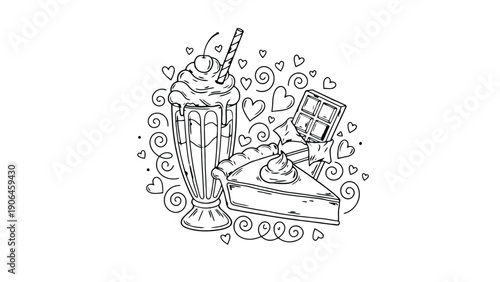 Cake vector illustration with milkshake and chocolate on transparent background