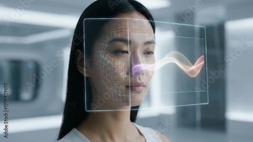 Young woman using innovative facial device with augmented reality display showing skin data. Smart skincare technology analysis concept.