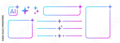 AI gradient icon, frame, dividers set. Artificial intelligence neon border. Technology box with blue and pink gradient. Neural network design element. Vector illustration isolated on white background.