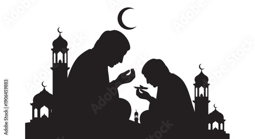 Muslim couple praying together under crescent moon with mosque silhouettes