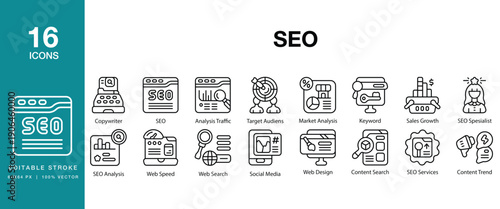 SEO icon set. Includes seo, search, optimization, ranking, keyword, traffic and More. Editable Stroke Icon Collection.