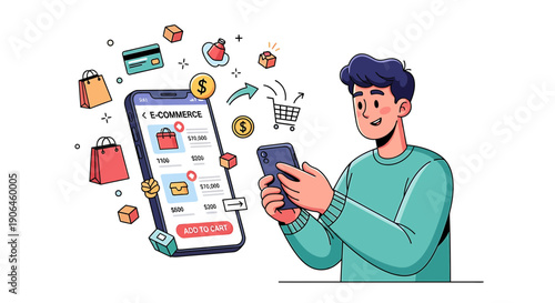 Man shopping online with smartphone and e commerce icons floating around him in air