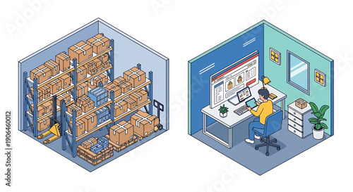 Isometric illustration of warehouse and office spaces with worker showcasing logistics and workspace