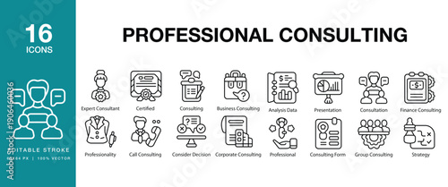 Professional Consulting icon set. Includes consulting, professional, advisor, strategy, business and More. Editable Stroke Icon Collection.