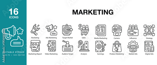 Marketing icon set. Includes marketing, branding, campaign, promotion, advertising and More. Editable Stroke Icon Collection.